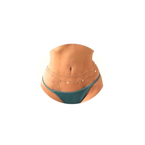 Belly Waist Chain Beads Pearl Coins Layered Belly Chains Boho Gold Plated Sexy Bikini Body Chain Adjustable Jewelry for Women - style: L-turquoise