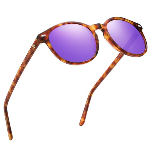 DUCO Women's Trendy Retro Round Acetate Polarized Sunglasses, UV400 99% Glare Block, Lightweight for Daily & Outdoor - color: Brown Tortoise Frame Revo Purple Mirror