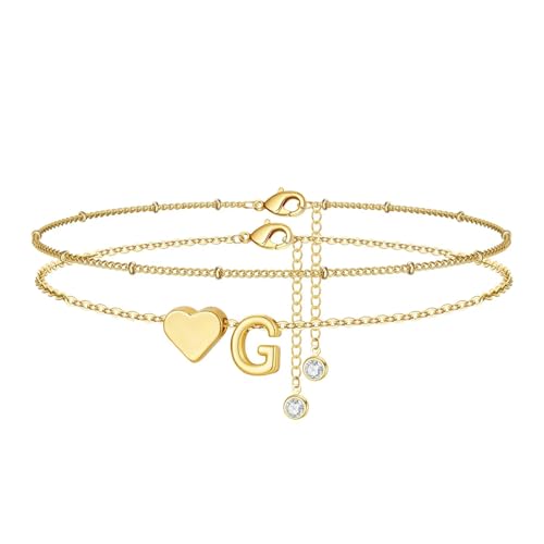 M MOOHAM Gold Initial Ankle Bracelets for Women - Layered Heart Letter A-Z Initial Dainty Gold Anklets for Women Waterproof, Womens Anklets Jewelry Birthday Gifts Jewelry - color: G