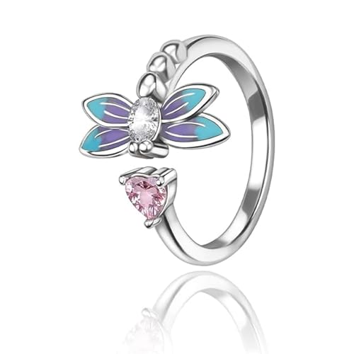 PARCOM Adjustable Women Stackable Ring, 925 Sterling Silver Open Rings - Trendy Eternity Cubic Zirconia Stackable Band Engagement Promise Ring for Her, Hypoallergenic Non Tarnish Nature Bird Floral Thumb Rings - color: Dragonfly Heart