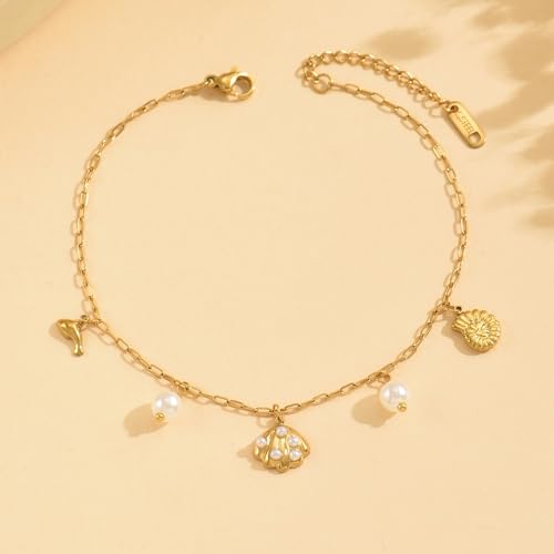 Gold Ankle Bracelets for Women 18K Gold Plated Waterproof Starfish Sea Shell Pearls CZ Diamond Dangle Anklets Trendy Summer Beach Foot Chain Jewelry Gift - style: Shell Pearls-GD