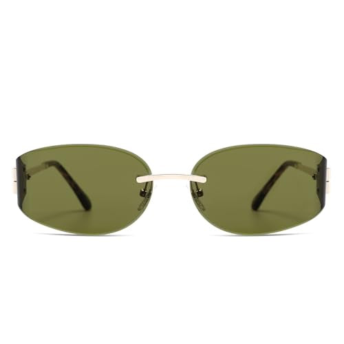 SOJOS Trendy Oval Sunglasses for Women,Fashion Rimless Metal Sun Glasses Y2K Style UV400 Protected SJ1271 - color: Green