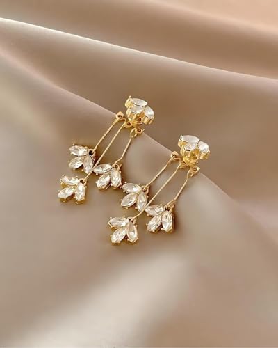 Prom Earrings for Women Gold Chandelier Earrings Dangle Dainty Flower CZ Long Tassel
