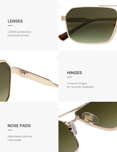 SOJOS Retro Polarized Square Sunglasses for Women Men Vintage Large Double Bridge UV Protection Metal Sun Glasses SJ1246 - color: Gold/Greyish-green Grading