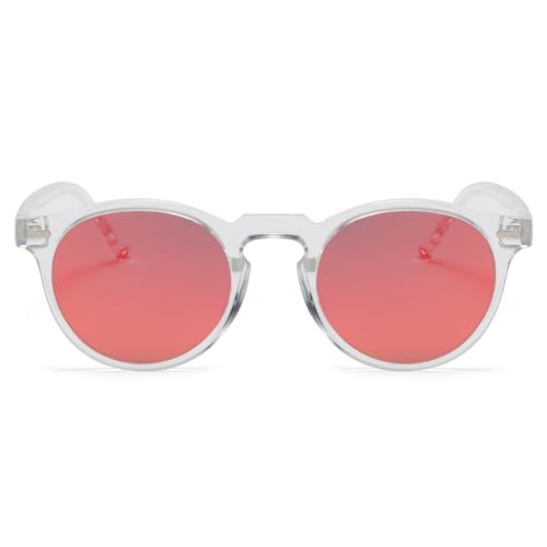 LJCZKA Round Polarized Sunglasses for Men Women Retro Small Face Sunglasses Polarized Vintage Sun Glasses UV400 Protection - color: Clear Red(mirrored)