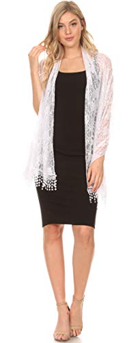 Sakkas Mari Women's Large Lightweight Soft Lace Scarf Wrap Shawl Floral and Fringe - color: White Lace