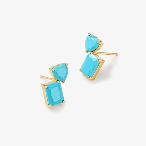 Turquoise Stud Earrings for Women, 14K Gold Plated Created Gemstone Minimal Design Everyday Boho Jewelry Gifts - style: Heart Square