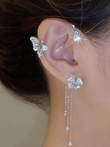 2Pcs Rhinestone Butterfly Earrings Ear Cuffs Non-Pierced Fake Earrings Butterfly Climber Wrap Around Earring Dainty Adjustable Ear Clip Jewelry for Women - color: Style2-silver
