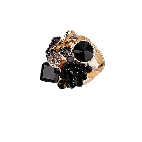 Jumwrit Shiny Crystal Flower Ring Statement Adjustable Open Band Wrap Finger Ring Square Rhinestone Floral Cocktail Ring Party Bridal Wedding Jewelry Vintage Boho Knuckle Ring for Women - color: Black
