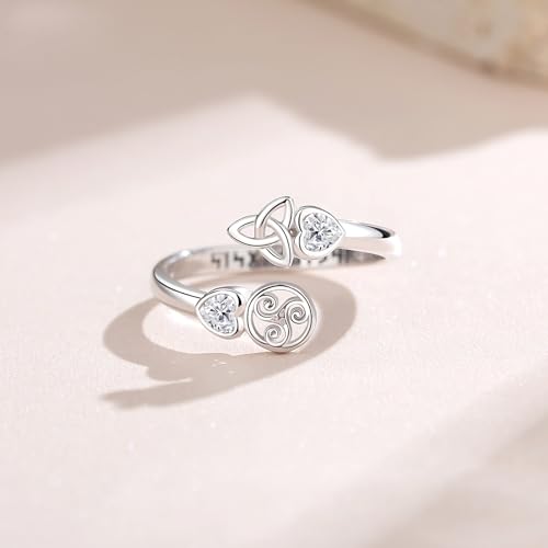 Vito 925 Sterling Silver Adjustable Open Spoon Ring for Women Men, Lotus Sunflower Snake Spoon Band Rings Feather Hug Witches Knot Inspirational Jewelry Gift for Wife - style: Trisquel and Triquetra