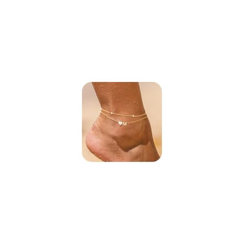 NECOCY Initial Heart Diamond Anklets for Women Waterproof, Non Tarnish 14k Gold Plated Letter Ankle Bracelets Dainty, Summer Beach Bikini Jewelry Gifts for Women - color: Gold