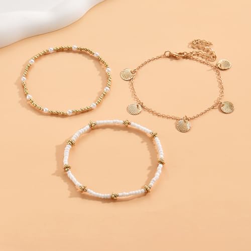 ZMANYIJEW Shell Ankle Bracelet Set for Women, Boho Pearl Adjustable Anklet,Beaded Layered Ankles Bracelets Shell Pendant Elastic Foot Chain Anklets for Women - style: 3pcs