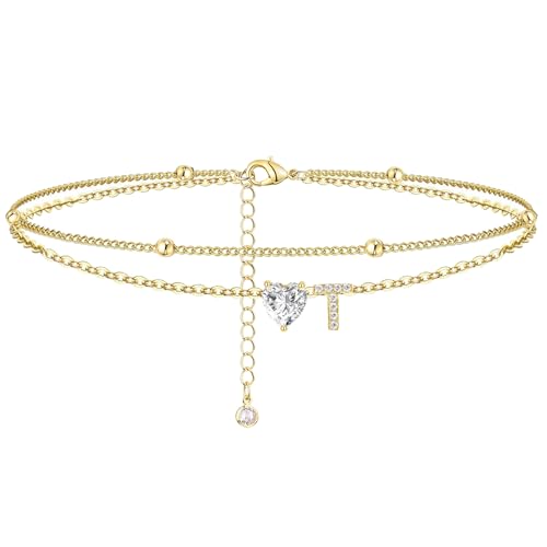 Ankle Bracelets for Women Waterproof 14K Gold Plated CZ Initial Anklet for Women Dainty Layered Letter Heart Ankle Bracelets Handmade Adjustable Foot Chain Anklet Summer Beach Jewelry - color: gold T