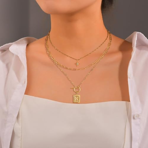 Paxuan Dainty Gold 3-Layer Personalized Initial Necklace for Women - 18K Gold Layered Letter Pendant Necklace Adjustble Paperclip Chain Choker Necklace Jewelry Gifts with Star Charm - style: Letter K