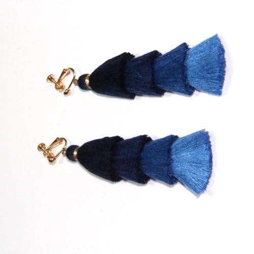 Clip on Earrings, Lightweight Colorful Layered Tassel Bohemian Statement Tiered Big Dangle Drop Earrings for Women, Non Pierced, Boho Jewelry - color: Sky blue