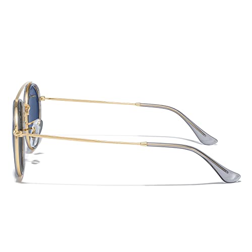MERRY'S Retro Round Polarized Sunglasses - Unisex Double Bridge Sun Glasses - color: Tra Gray Frame/Gold Bridge/Blue Lens
