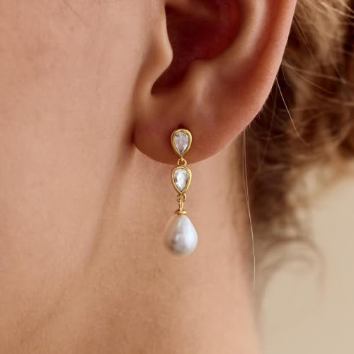 Pearl Earrings for Women, 14k Gold Plated Trendy Diamond Pearl Drop Earrings Hypoallergenic Dainty Bridal Gifts Wedding jewelry for Women - color: E—Silver