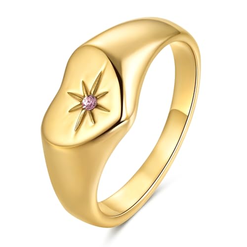 YeGieonr Non Tarnish Gold Rings for Women, Waterproof Gold Signet Ring, 18K Gold Plated Stackable Rings for Everyday Wear - color: Heart Pink
