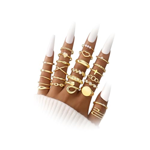 FAXHION 24-60 Pcs Gold Stackable Rings for Women, Knuckle Rings Chunky Gold Ring Set Dainty Stacking Cute Rings, Multiple Sizes Cute Jewelry Set Gift - style: Gold-24 Pcs