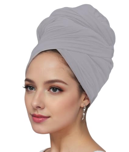 vabovin Head Wraps for Black Women Stretch Jersey Knit Turban Headwrap Solid Color Headscarf Headband Shawl - color: 08- Light Gray