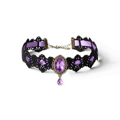 Gothic Vampire Choker Necklace for Women Adjustable Vintage Victorian Mystery Pirate Witchy Jewelry Emo Punk Black Lace Choker Costume - color: purple