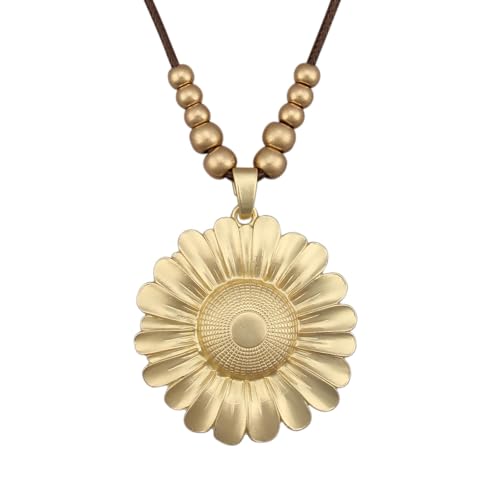 GelConnie Leather Necklaces Turquoise Long Boho Necklaces for Women Brown Chunky Circle Pendant Chocker Necklace Gold Sweater Necklace - style: Brown Flower Choker