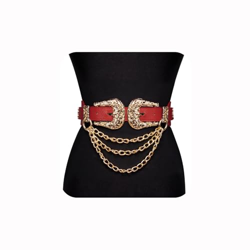 Dubulle Womens Belt Chain Leather Belts Vintage Western Adjustable Elastic Double Buckle for Cowboy Pant Dress - color: Red Gold