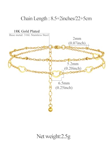 FindChic Black/Silver/Gold Plated Anklets Set of 2PCS/3PCS Herringbone Chain Cuban Link Heart Charm Sparkling Tennis Ankle Bracelets, Waterproof Summer Foot Jewelry for Beach - color: 07. Gold-Layered Heart Charm