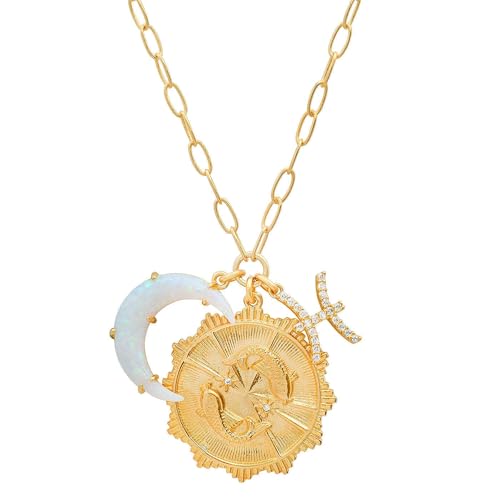 Dainty Gold Zodiac Embossed Coin Opal Crescent Moon Charm Necklace for Women Trendy 18K Gold Plated Retro Paperclip Chain 12 Constellation Horoscope Necklaces Astrology Jewelry Gifts - style: 12.PISCES (FEB 19-MAR 20)