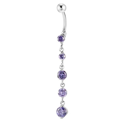 COOLSTEELANDBEYOND Belly Chain Belly Button Ring Body Jewelry Piercing Navel Ring with Long Dangle Cubic Zirconia - color: F-Metal Color:Silver; Stone Color:Purple