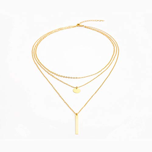 Disc Bar Pendant Layering Necklace Stainless Steel Layered Chain Choker - color: 14K Gold Plated
