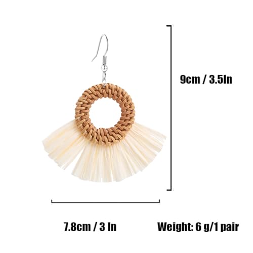 Boho Summer Beach Earrings for Women Lightweight Straw Wicker Earring Statement Raffia Fan Round Tassel Dangle Drop Earrings Hawaii Jewelry - style: White Round