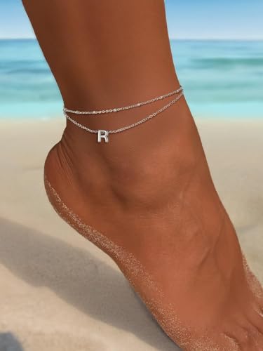 FaithHeart Initial Ankle Bracelets for Women, Waterproof 14k Gold Plated Initial Anklets Non Tarnish Stainless Steel Cute Layered Anklet Summer Beach Jewelry - color: Silver, size: Initial R