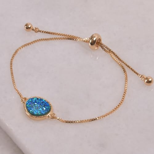 Humble Chic NY Simulated Druzy Chain Bracelet for Women - Boho Stackable Adjustable Bolo Slider Bracelet - color: Gold - Blue Green Stone