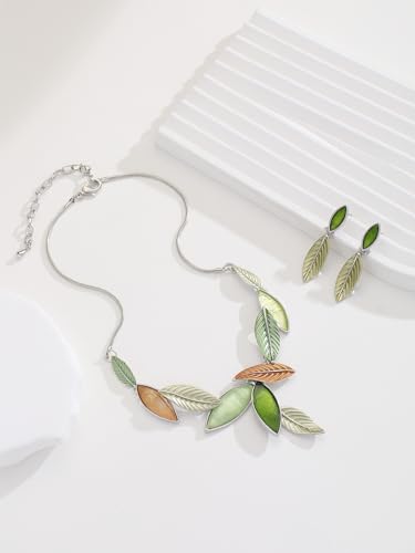 Vintage Chunky Statement Jewelry Set Retro Leaf Floral Geometric Bohemian Boho Bib Necklace Earring Set Fashion Costume Jewelry for Women Girls Wedding Party Prom Unique Gift - style: leaf jewelry set 2-green