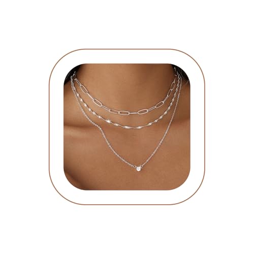 Layered Gold Necklace for Women Trendy 14K Gold Plated Heart CZ Pendant Layered Gold Necklaces Set Coin Choker Necklaces Simple Circle Cubic Zirconia Pearl Necklace Stack Herringbone Paperclip Chain Jewelry Set - style: 3PCS-Paperclip chain zircon-SL