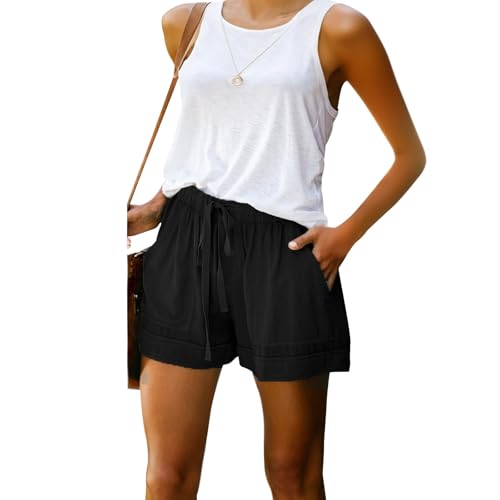Womens Drawstring Shorts Summer Beach Elastic Waist Casual Lightweight Vintage Coffee Date Shorts with Pockets 2025 - color: Black, size: 3X-Large