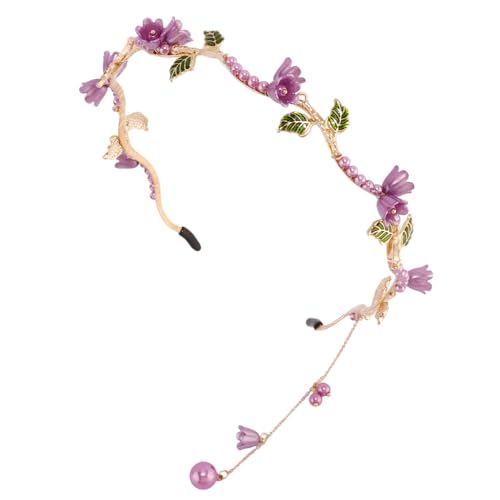 AHONEY Purple Flower Headband for Women Rapunzel Girls Hair Vine Gold Leaf Boho Headband Wedding Fairy Hair Accessories Headpiece - color: Purple