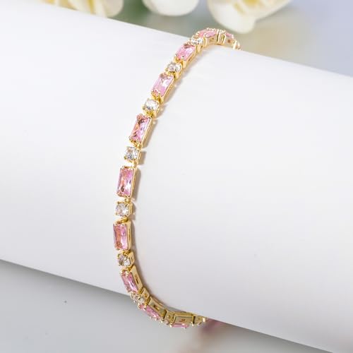 CiNily Adjustable Tennis Bracelets for Women Teen Girls Rainbow Cubic Zirconia Bracelet 14K White Gold Plated Hypoallergenic Slider Bracelet Jewelry Gift - color: Gold-Pink white cz