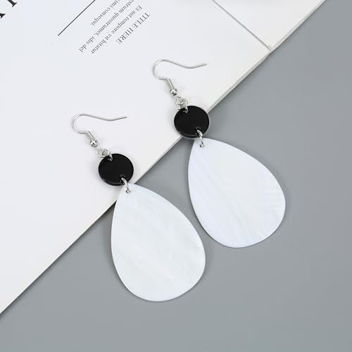 Elisheva Bohemian Lightweight Mother of Pearl Shell Drop Dangle Earrings for Women, Boho Chic Hippie Waterdrop Statement Jewelry Gift - color: black and white