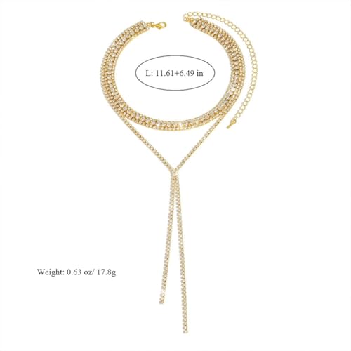 Statement Layered Sparkly Crystal Choker Black Long Tassel Y Necklace for Women, Dainty Multilayer Silver Bling Rhinestone Necklaces Prom Jewelry Gift - color: Gold