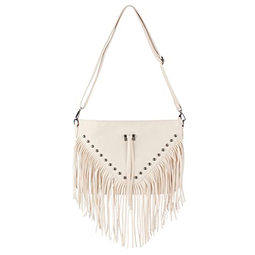 Hoce Women’s Leather Fringe Messenger Bag Large Hobo Crossbody Tassel Shoulder Bags, Gift for Mom Wife Girlfriend - color: Beige