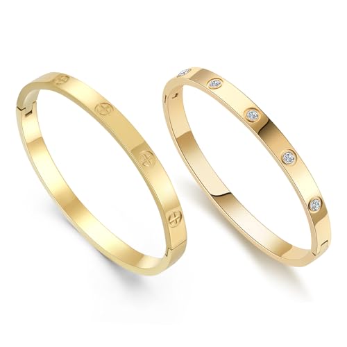2-Pack Friendship Bracelets for Women - 18K Gold Plated Titanium Steel Cuff Love Bangle Set with Cubic Zirconia | Sister Jewelry Gift, Eco-Friendly Packaging, Durable Everyday Wear - size: Medium