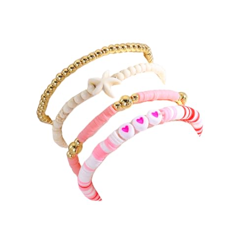 Caiyao Bohemia Multilayer Heart Imitation Pearl Beaded Stackable Bracelets Set Colorful Surfer Heishi Clay Gold Beads Stretch Bracelets for Women Men Summer Beach Boho Vacation Jewelry Gifts - color: Z-pink