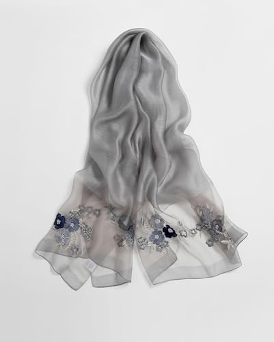 Jeelow Silk Blend Floral Fashion Scarf Shawl Wrap Lightweight Sheer For Women Floral Embroidery Wedding Party Prom - color: Petal Misty Grey