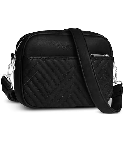 Vantamo Premium Quilted Crossbody Bags for Women with Anti-Pickpocket Clip, Vegan Leather Handbags, Travel Purses for Women - color: Black With Faux Leather Strap
