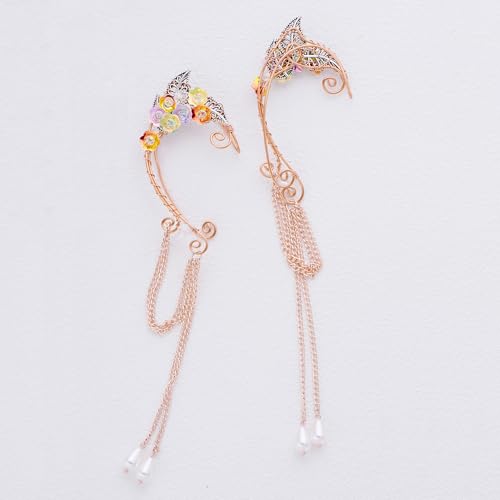 Elf Ear Cuffs, OwMell Handcraft Silver Pointed Fairy Elven Cosplay Fantasy Costume Bridal Wedding Earrings for Non Pierced Ears - style: Colorful Flowers with Pendant