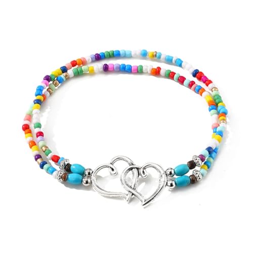 Ankle Bracelets for Women Waterproof Elastic Heart Anklet Stretchy Ankle Bracelets Colorful Beaded Anklets Boho Ankle Bracelets Silver Beach Anklet Jewelry Accessories for Summer - color: Silver Rainbow Anklets