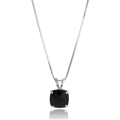 MAX + STONE Cushion Cut Gemstone Necklace | 8mm Solitaire Birthstone Necklace for Women | Gemstone Pendant Necklaces with 18 inch Box Chain - color: Onyx