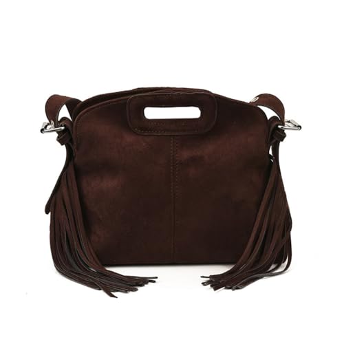 Women's Suede Fringe Crossbody Bag, Retro Hollow Handle Shoulder Purse, Novelty Fashion Tassels Bucket Bag Handbag - color: Coffee